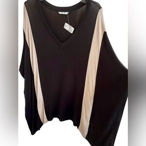 NORDSTROM THREE DOTS Soft Knit V Neck Poncho/Cape In Black & Cream Sz S/M/L✨NWT✨
